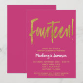 Roze Gold Script 14th Birthday Party Invitation Kaart (Voorkant / Achterkant)