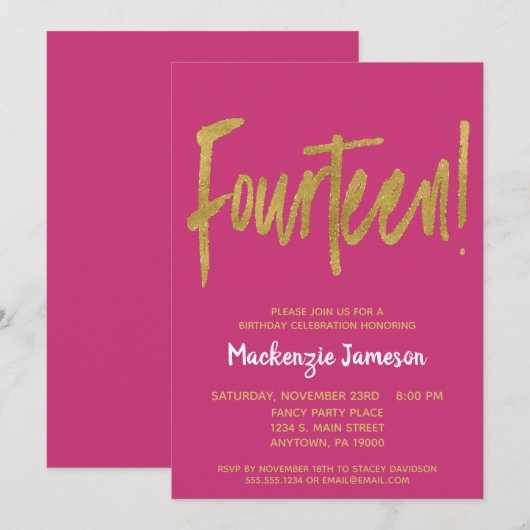 Roze Gold Script 14th Birthday Party Invitation Kaart (Voorkant / Achterkant)