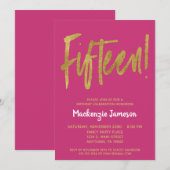 Roze Gold Script 15th Birthday Party Invitation Kaart (Voorkant / Achterkant)