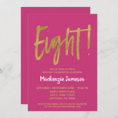 Roze Gold Script 8th Birthday Party Invitation Kaart (Voorkant / Achterkant)