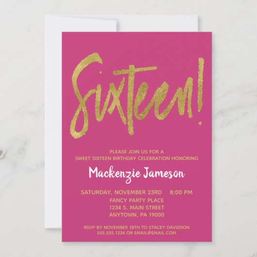 Roze Gold Script Sweet Sixteen Party Invitation Kaart (Voorkant)