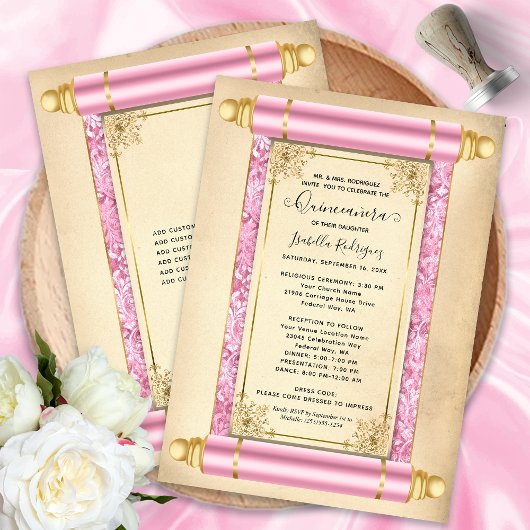  Roze Gold Scroll Elegant Quinceañera Kaart