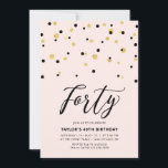 Roze & Gold Simple 40th Birthday Party Kaart<br><div class="desc">Viel je speciale dag met deze minimale uitnodiging van het 40ste verjaardagsfeest. Dit ontwerp is voorzien van een stijlvol letterschrift "Veertig" met zeshoekig confetti met een zwart-gouden kleurencombinatie. Meer design zijn beschikbaar in mijn winkel BaraBomDesign.</div>