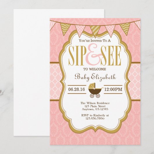 Roze Gold Sip en zie uitnodiging (Voorkant / Achterkant)