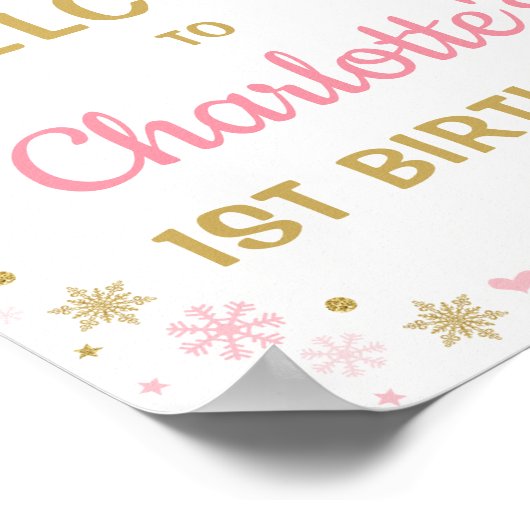 Roze Gold Snowflake Winter 1e verjaardag Poster (Hoek)