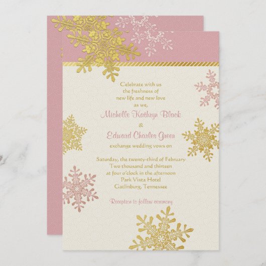 Roze Gold Snowflake Winter Weddenschap Kaart (Voorkant / Achterkant)