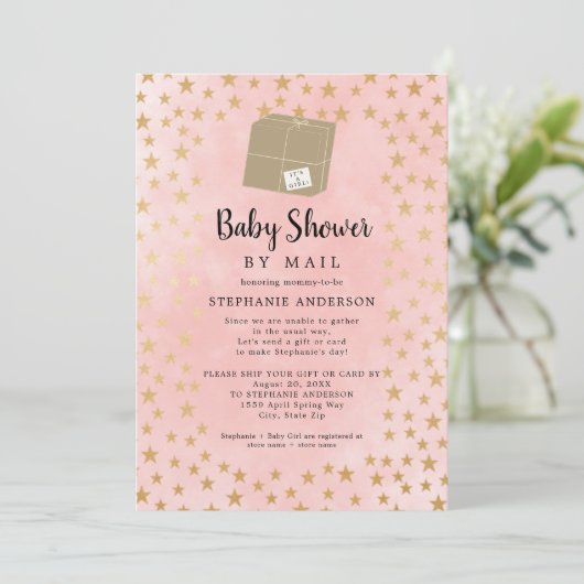 Roze Gold Star-virtueel Baby shower Kaart (Staand voorkant)