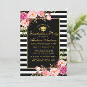 Roze Gold Striped Graduparty Invitation Kaart (Staand voorkant)