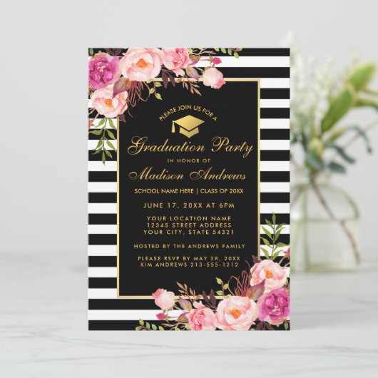 Roze Gold Striped Graduparty Invitation Kaart (Staand voorkant)