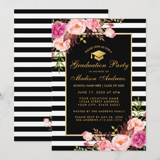 Roze Gold Striped Graduparty Invitation Kaart (Voorkant / Achterkant)