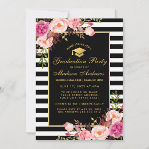 Roze Gold Striped Graduparty Invitation Kaart