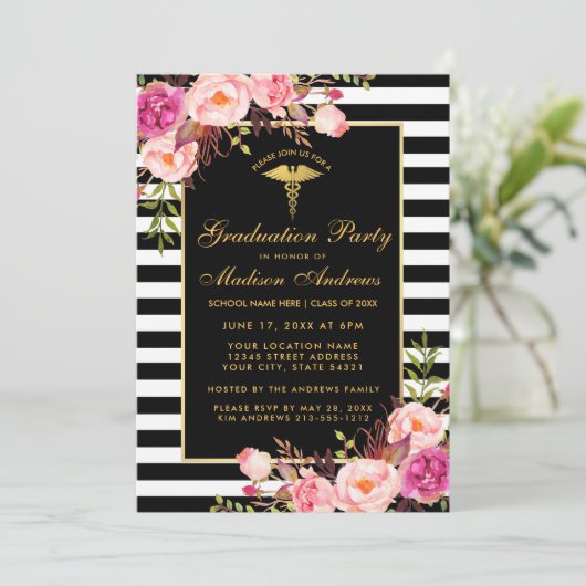 Roze Gold Striped Medical Afstudeerder Party Invit Kaart (Staand voorkant)