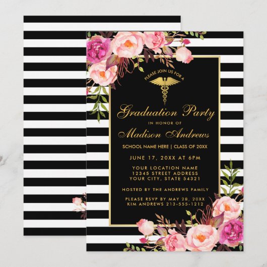 Roze Gold Striped Medical Afstudeerder Party Invit Kaart (Voorkant / Achterkant)