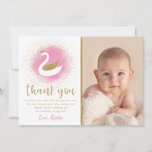 Roze Gold Swan Birthday Foto bedankt voor je kaart (Voorkant)