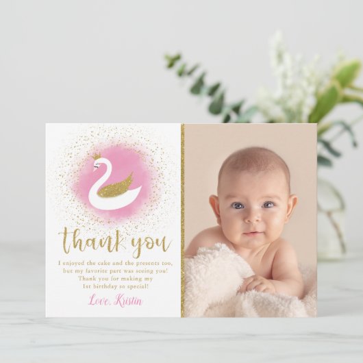 Roze Gold Swan Birthday Foto bedankt voor je kaart (Staand voorkant)