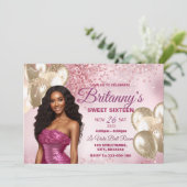 Roze & Gold Sweet 16 Girl Birthday Invitation Kaart (Staand voorkant)