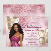 Roze & Gold Sweet 16 Girl Birthday Invitation Kaart (Voorkant / Achterkant)