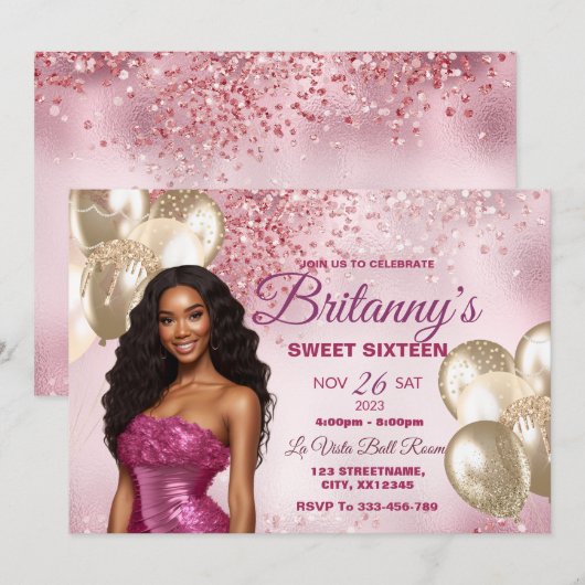 Roze & Gold Sweet 16 Girl Birthday Invitation Kaart (Voorkant / Achterkant)