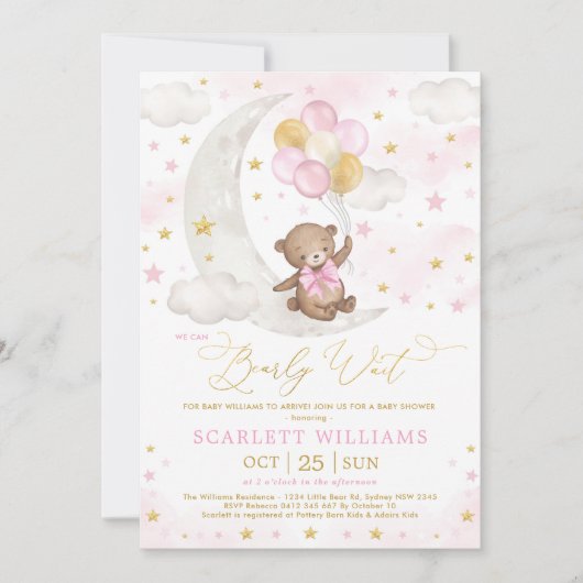 Roze Gold Teddy Bear Moon Stars Baby Girl Shower Kaart (Voorkant)