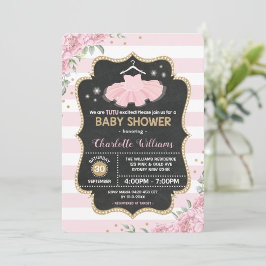 Roze Gold Tutu Ballerina Baby shower Uitnodiging (Staand voorkant)