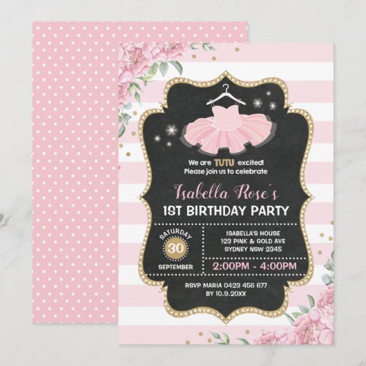 Roze & Gold Tutu Ballerina Birthday Party Invite Kaart (Voorkant / Achterkant)