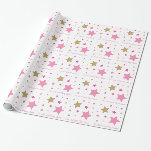 Roze & Gold Twinkle Star-Baby shower Cadeaupapier (Uitgerold)