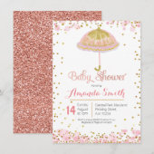 Roze Gold umbrella baby shower-uitnodiging Kaart (Voorkant / Achterkant)
