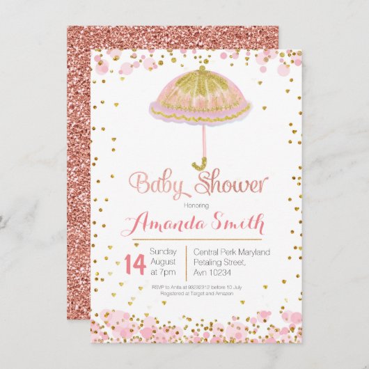 Roze Gold umbrella baby shower-uitnodiging Kaart (Voorkant / Achterkant)