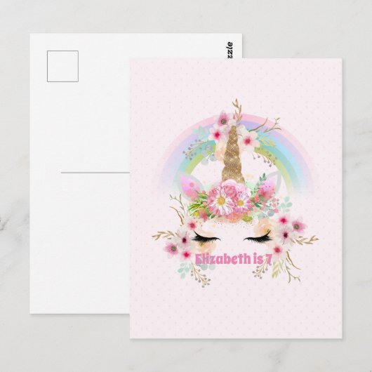 Roze Gold UNICORN Rainbow Flowers Girls NAMED Gift Briefkaart (Voorkant / Achterkant)