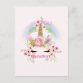 Roze Gold UNICORN Rainbow Flowers Girls NAMED Gift Briefkaart (Voorkant)