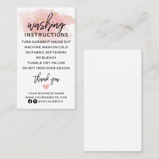 Roze Gold Wasinstructies Kledingverzorging Shirt Visitekaartje (Voorkant / Achterkant)