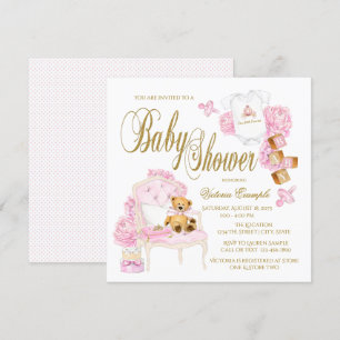 Roze Gold Waterverf Baby Shower-uitvindingen Kaart