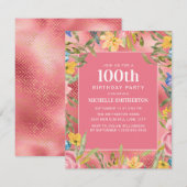 Roze Gold Yellow Blue Floral 100th Birthday Women Kaart (Voorkant / Achterkant)