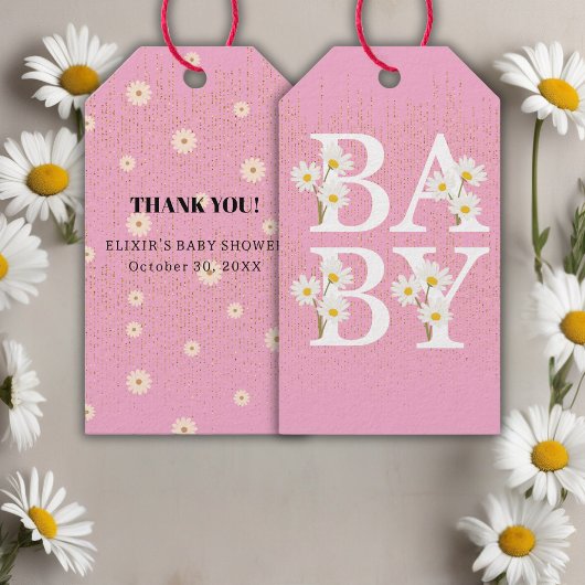 Roze Golden Daisy Glitter Glow Baby shower Cadeaulabel