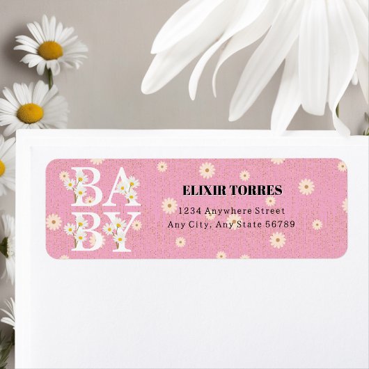 Roze Golden Daisy Glitter Glow Baby shower Etiket