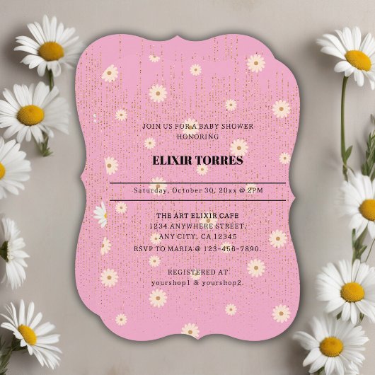 Roze Golden Daisy Glitter Glow Baby shower Kaart