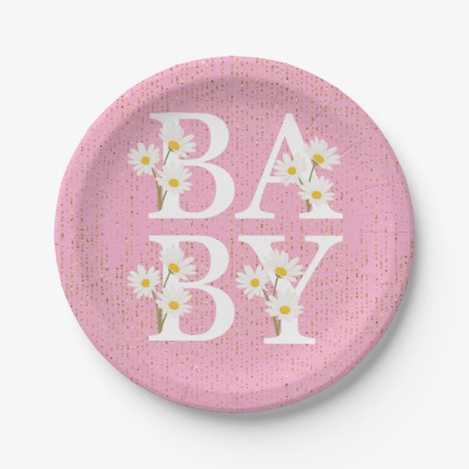 Roze Golden Daisy Glitter Glow Baby shower Papieren Bordje (Voorkant)