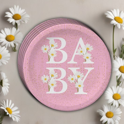 Roze Golden Daisy Glitter Glow Baby shower Papieren Bordje