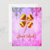 Roze Golden Four-leaf Clover Good Luck Briefkaart (Voorkant / Achterkant)