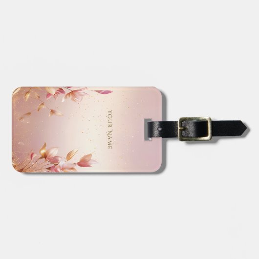 Roze Golden Leaves Bloemen Bagagelabel (Voorkant horizontaal)