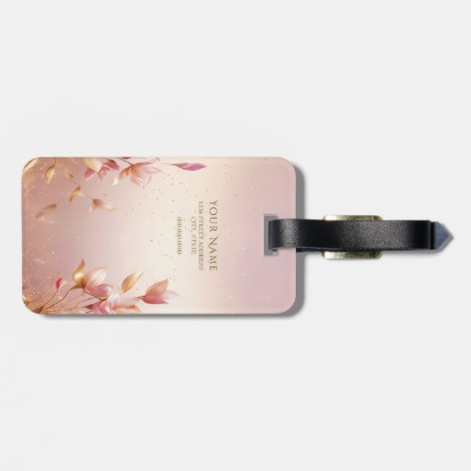 Roze Golden Leaves Bloemen Bagagelabel (Achterkant horizontaal)