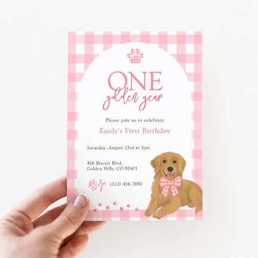 Roze Golden Retriever Een gouden jaar verjaardag Kaart