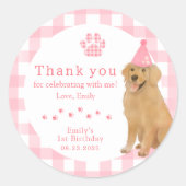 Roze Golden Retriever First Birthday Party Favorie Ronde Sticker (Voorkant)