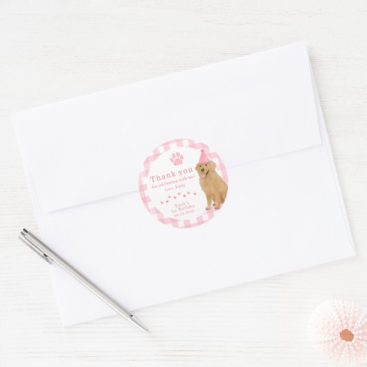 Roze Golden Retriever First Birthday Party Favorie Ronde Sticker (Envelop)