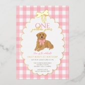Roze Golden Retriever Puppy Pawty 1e verjaardag Folie Uitnodiging (Voorkant)