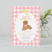 Roze Golden Retriever Puppy Pawty 1e verjaardag Folie Uitnodiging (Staand Voorkant)