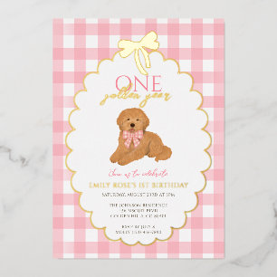 Roze Goldendoodle Puppy Hondenfeestje 1e Verjaarda Folie Uitnodiging