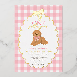 Roze Goldendoodle Puppy Hondenfeestje 1e Verjaarda Folie Uitnodiging