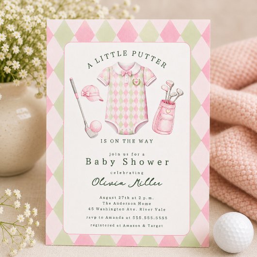 Roze golf baby shower uitnodiging