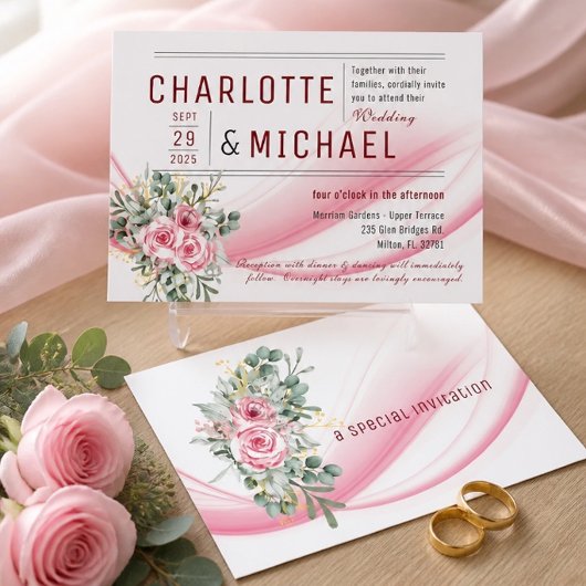 Roze golf & bloemen bruiloftsinvatie kaart